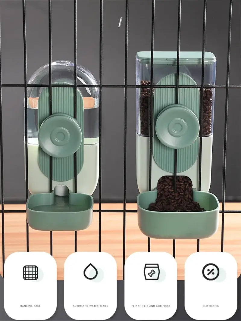 The automatic pet feeder made of high-quality plastic features food storage compartments with a mint green and transparent design and automatic water refill functionality.