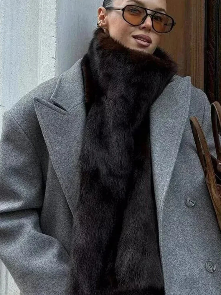 HH Women Winter Fashion Lapel Long Sleeve Woolen Jacket Female High Street Double Breasted Fringed Hem Decoration Pocket Coat