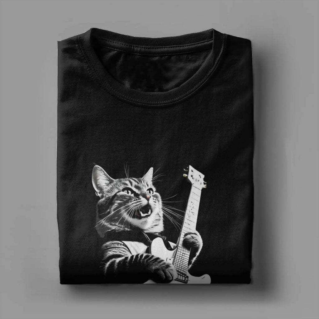 Men T-Shirts Cat Guitar  Leisure 100% Cotton Tee Shirt Short Sleeve  T Shirts Crew Neck Tops Printing