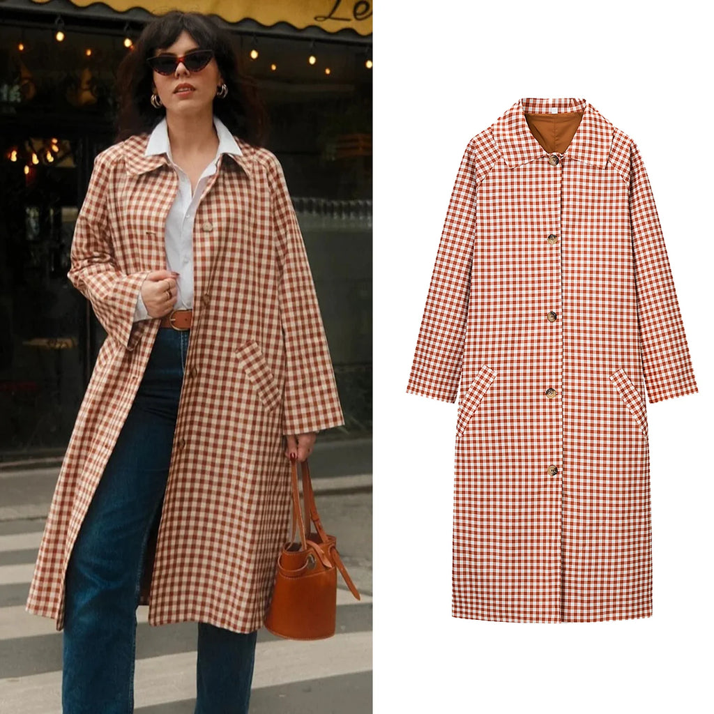 Women Casual Plaid Long Trench Coat Female Red Plaid Single Breasted Full Sleeve Windbreaker Jacket Spring Autumn Lady Coat