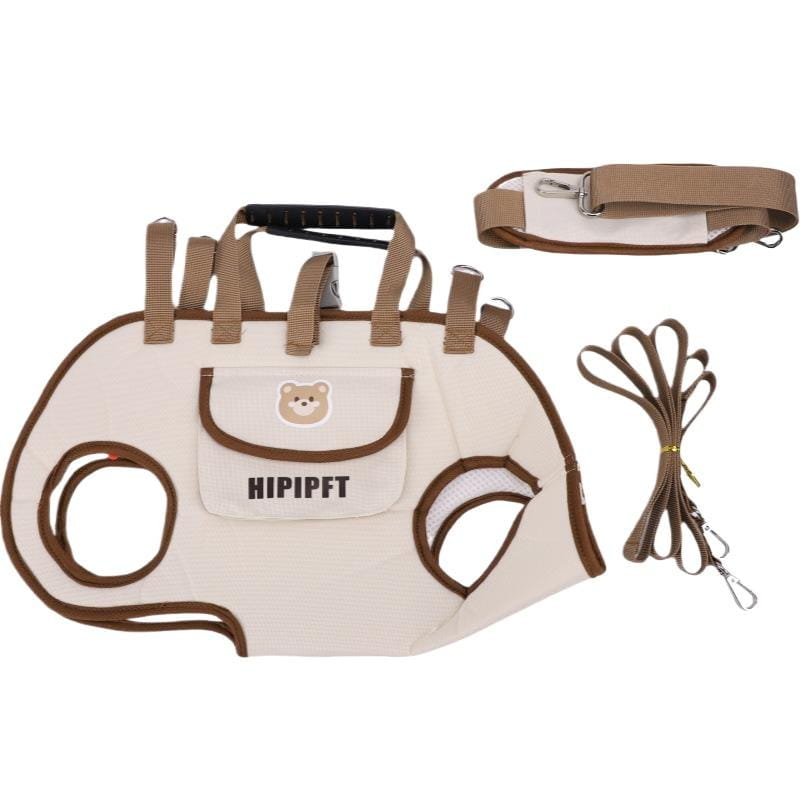 Beige and brown oxford cloth small dog carrier backpack with a cute bear face patch, adjustable straps, and an included leash.