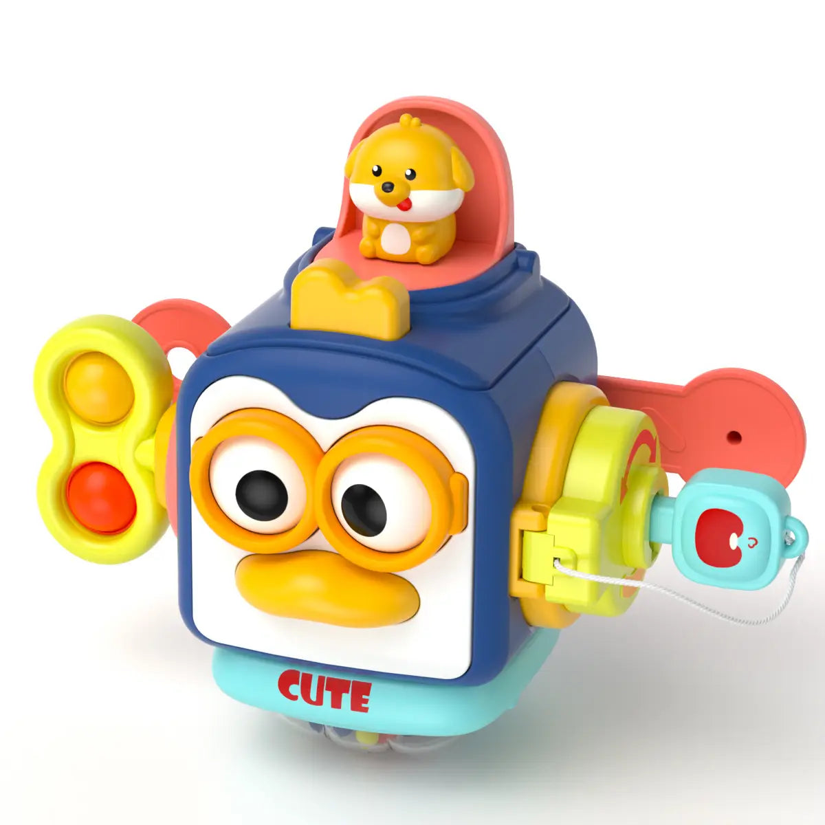 Jouet de voyage cube d’occupation Montessori en bleu et jaune, doté d’un design robot avec une mignonne figurine de chien en haut et de boutons et engrenages interactifs colorés, pour un jeu captivant.
