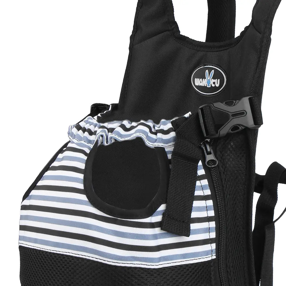 Mochila portamascotas para motocicleta con rayas blancas y negras, con paneles de malla con fruncido y correas ajustables, diseñada para motocicletas Suzuki V-Strom, Ducati Scrambler y Ducati Multistrada.