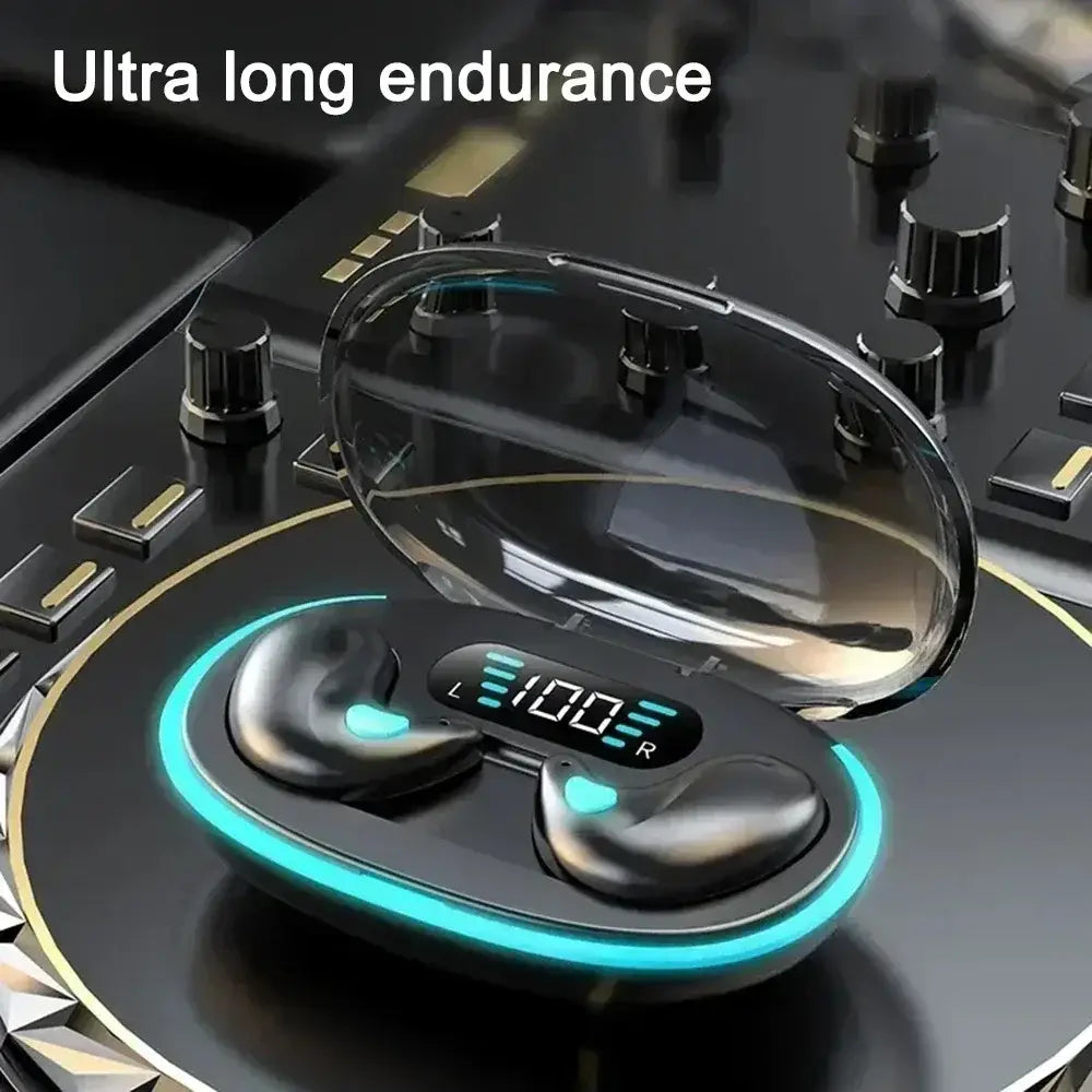 black wireless sleeping earbuds with teal led lighting in a sleek transparent charging case displaying 100 percent battery are Bluetooth 5.3 mini headphones designed for comfort and convenience.