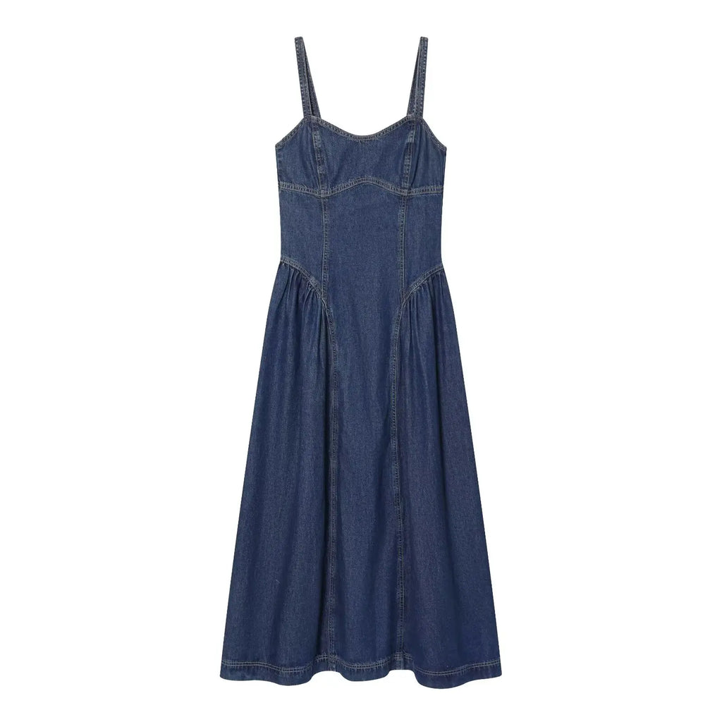 Women Denim Slip Dress with Flared Hem Fashion Casual Backless Sleeveless A-line Dress Female Vacation Style Dresses