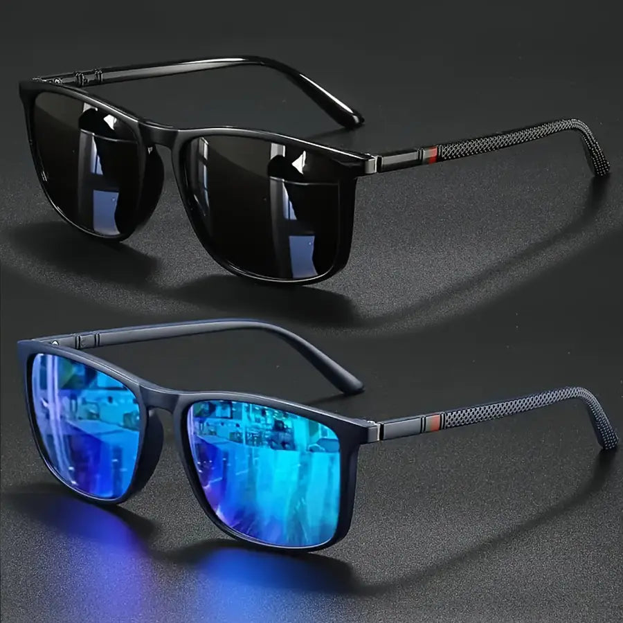 Black-framed polarized square vintage sunglasses with uv400 protection featuring one pair with dark tinted lenses and another with vibrant blue mirrored reflective lenses.