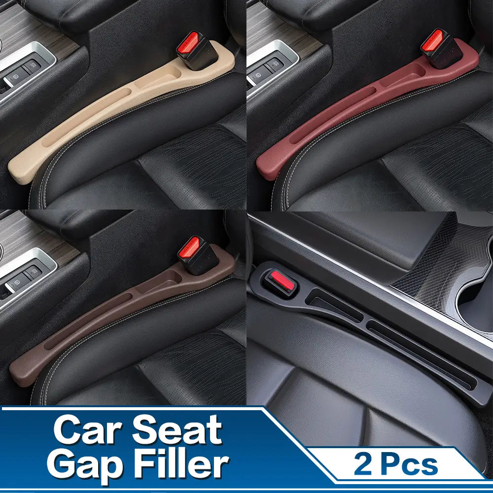 Blocs combleurs d’espace pour siège de voiture en caoutchouc beige, marron et noir avec accents de bouton rouge pour l’organisation de la console, présentés depuis l’arrière dans un lot de 2.