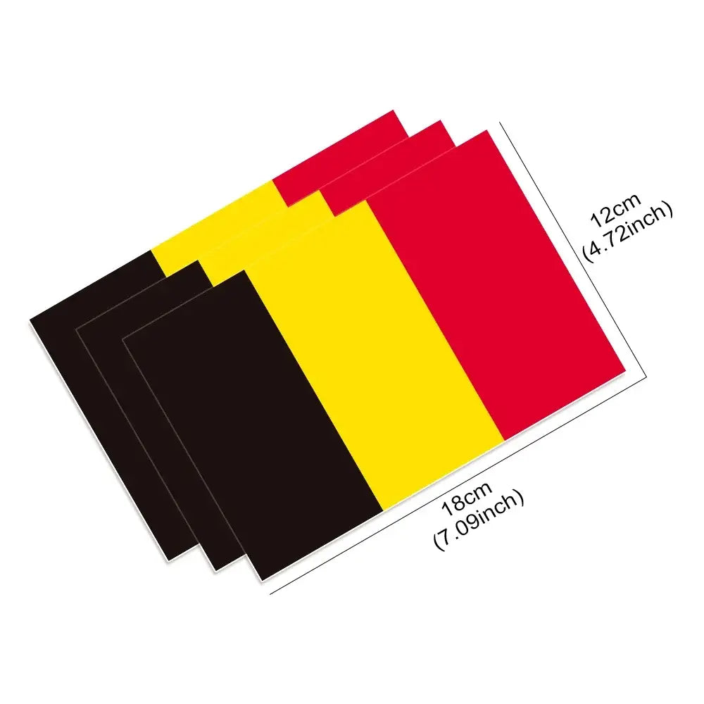 set of three belgian flag car stickers featuring bold black yellow and red vertical stripes on glossy pvc waterproof decals