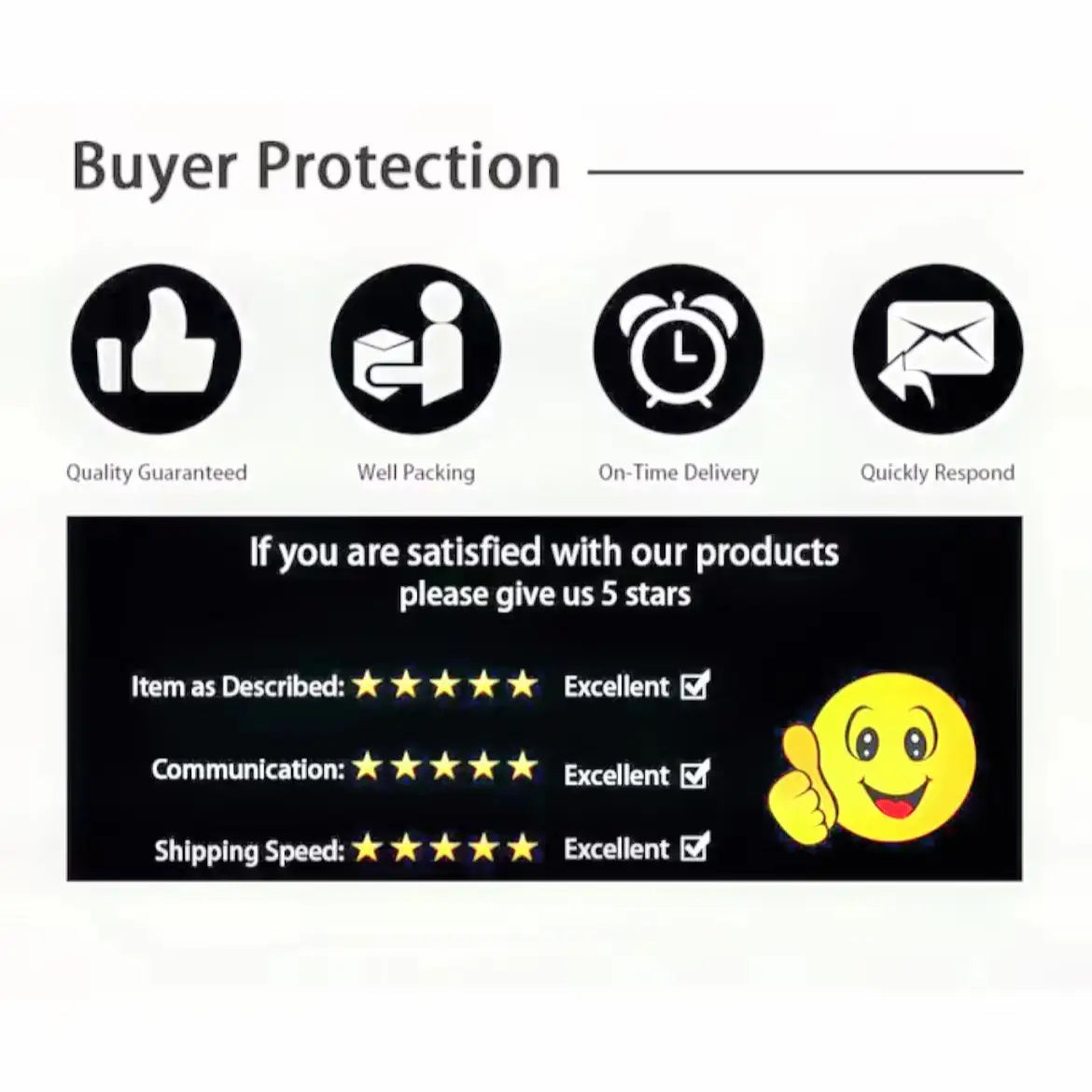 Black and yellow buyer protection graphic with icons for quality packing delivery and customer service for graphic button up long sleeve shirt men.