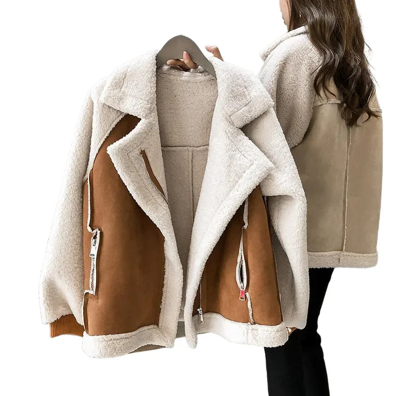 Women Autumn Winter Lamb Wool Sheepskin Coat Fur One-piece Thickened Jacket Women Warm Coat Oversized