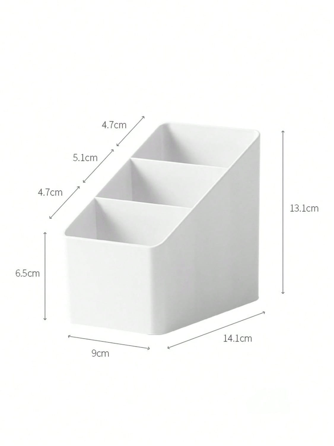White plastic desk organizer and remote holder with three angled compartments for efficient storage.