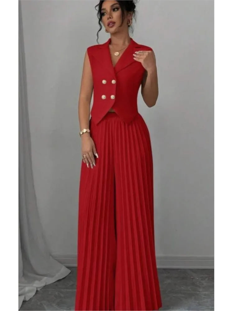 Elegant Formal Women Vest Trousers 2 Pieces Spring New Fashion Retro Wide-leg Pleated Pants Slimming Sleeveless Vest Female Set