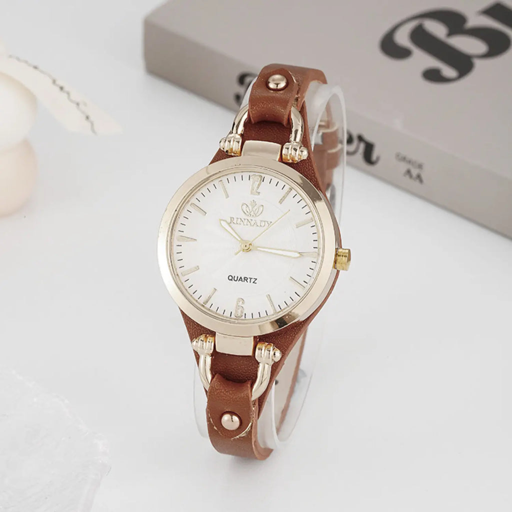 Women's Trendy Quartz Watches Round Dial PU Leather Strap Elegant Versatile Ladies Analog Quartz Watch