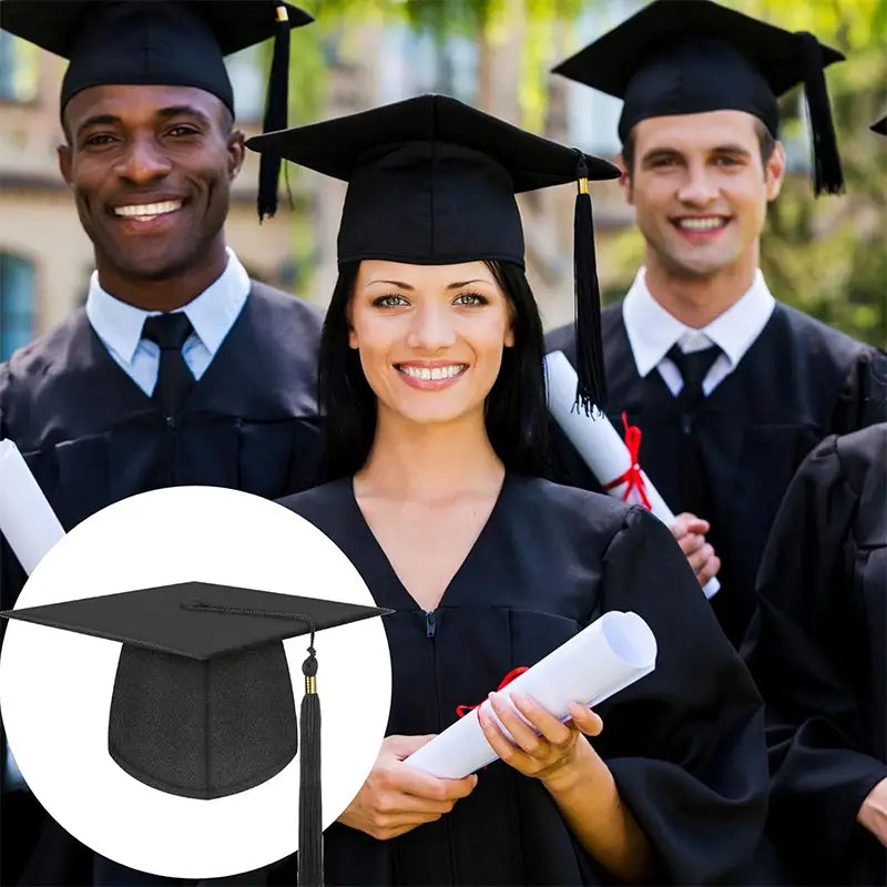 black adult graduation cap made of fabric with tassel for 2025 ceremony shown from the back side