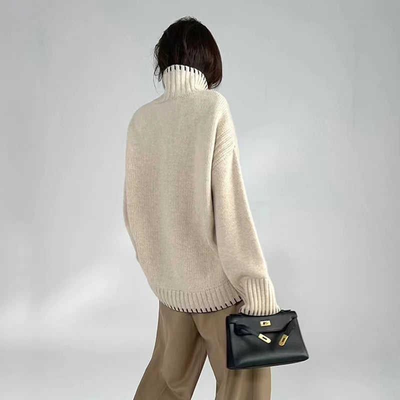 100% Pure Wool Sweater Women's 2025 Autumn and Winter New High Neck Pullover Fashionable Loose Plus Size Warm Knit Top