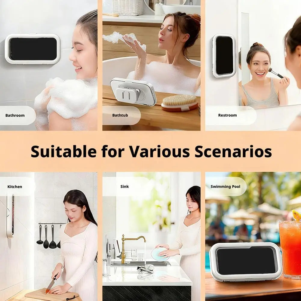 White rectangular waterproof case with black screen and silver accents designed as a 360 degree rotating shower phone holder.