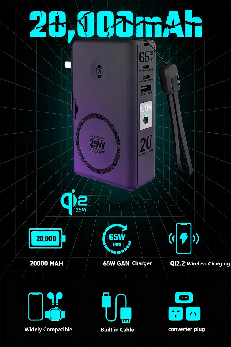 Batterie externe sans fil magnétique rectangulaire violette d’une capacité de 20 000 mAh, charge rapide 65 W, compatibilité de charge sans fil qi2.2, plusieurs ports et dragonne noire.