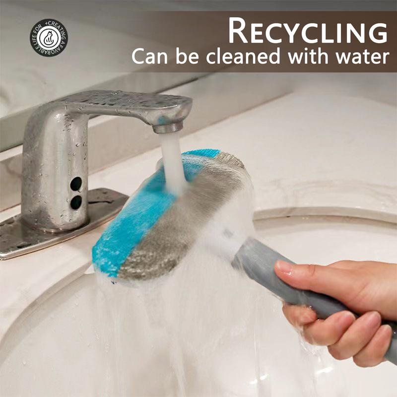 Blue and gray reusable pet hair remover scrubbing brush with a textured handle designed for cleaning sinks countertops and removing pet hair from furniture and carpets.