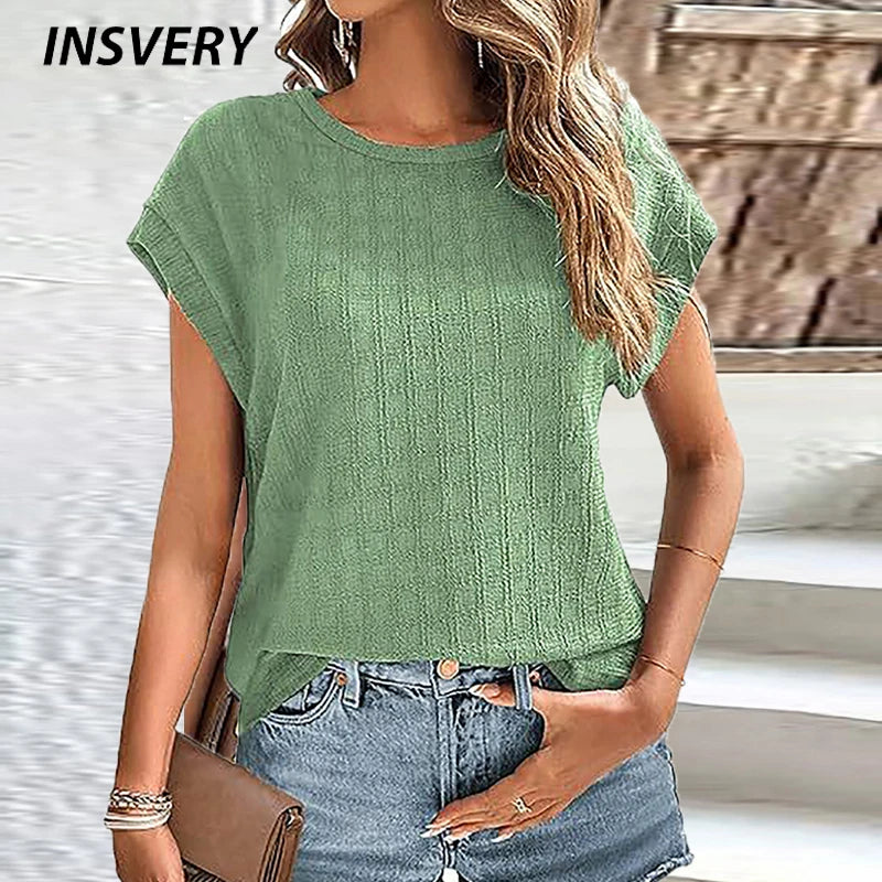 New Women Short Sleeve T-Shirts O Neck Casual Loose Tee Female Summer Shirts For Women Pullover Solid Color Office Lady Tops