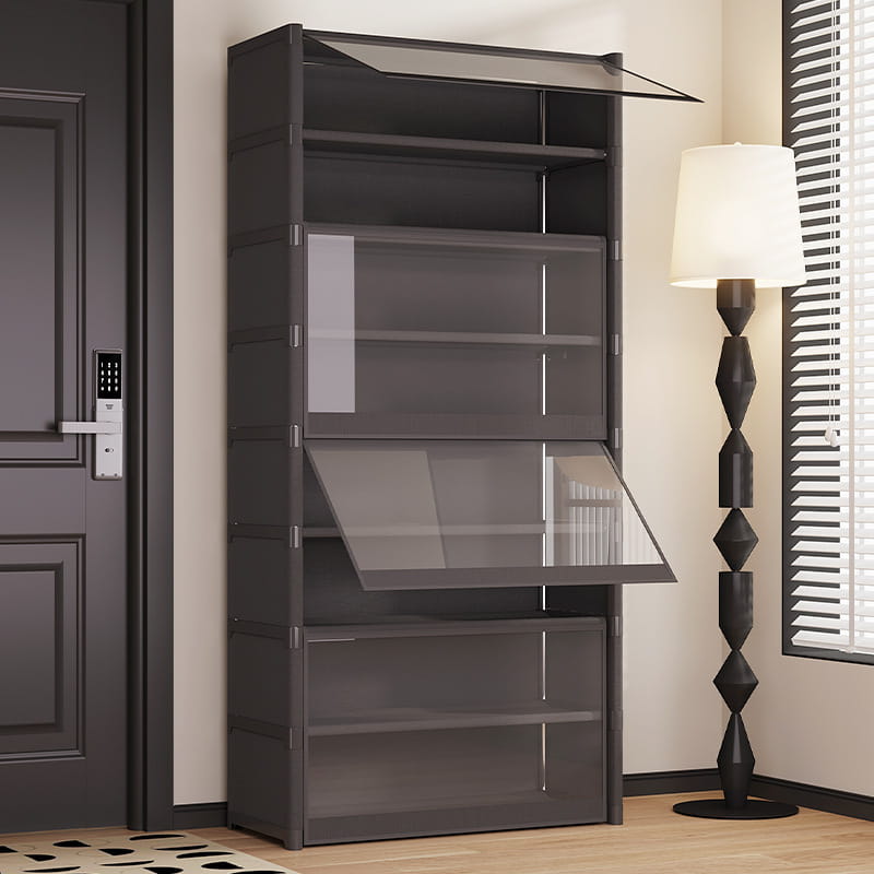 modernes modulares Schuhschrank-Element in Dunkelgrau mit klar verglasten Türen und Schiebedrehböden, ausgelegt als großes Schuhregal und Aufbewahrungslösung.