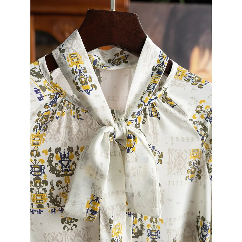 Women's Chiffon Blouses And Shirt Summer Tops Elegant Bow-tie Long Sleeve Casual Blouse Elegant OL Workwear Vintage Print Blusas