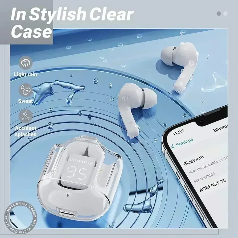 white wireless earbuds with bluetooth chip inside a clear charging case featuring a digital display and charging port