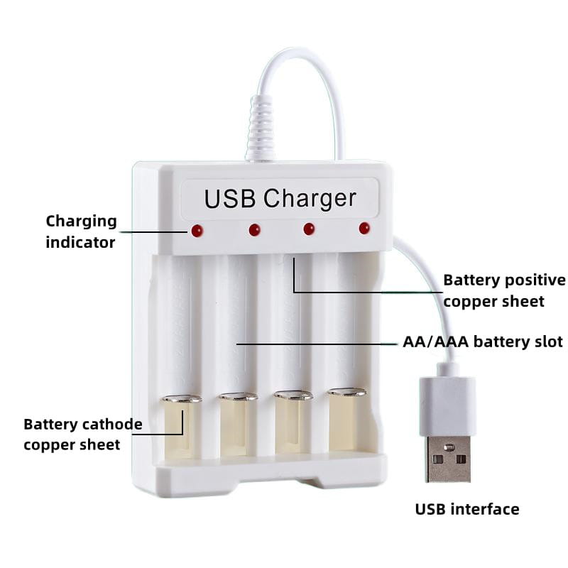 weißes USB-AA-AAA-Batterieladegerät und -Organizer mit vier Steckplätzen mit Kupfer-Kontaktfolien und roten LED-Ladeanzeigen