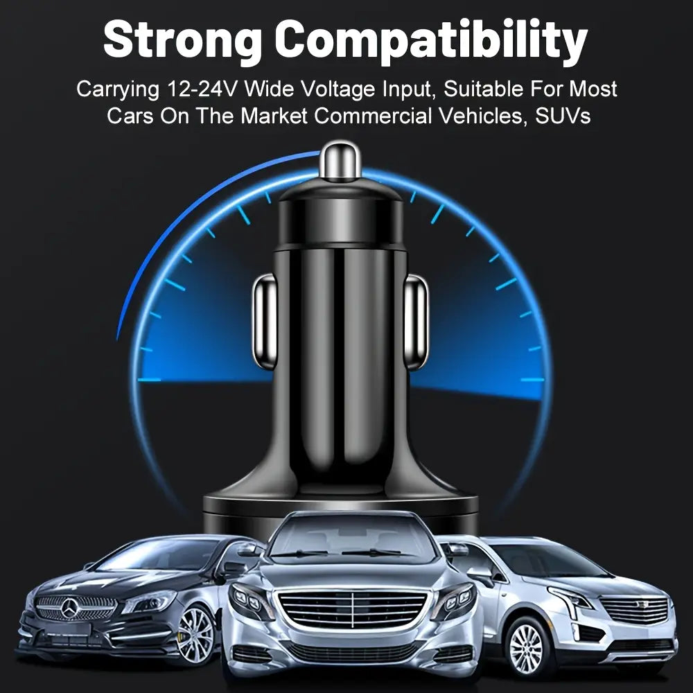 Black 6-in-1 fast charging car adapter with a sleek cylindrical design and metallic accents displayed from the back side.