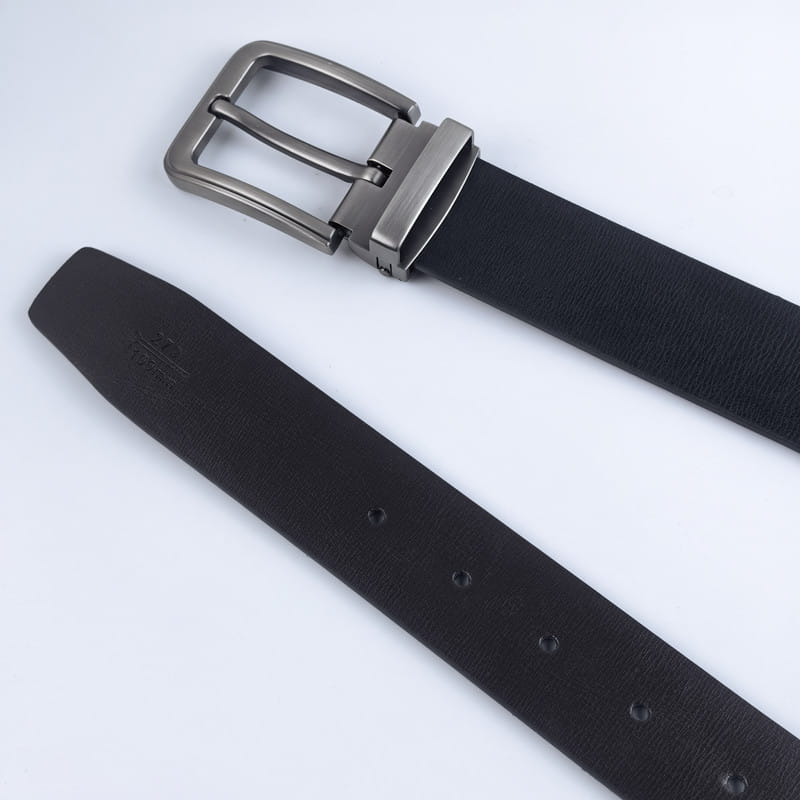 Black leather belt with a silver-toned metal pin buckle designed for men in a classic business casual style.