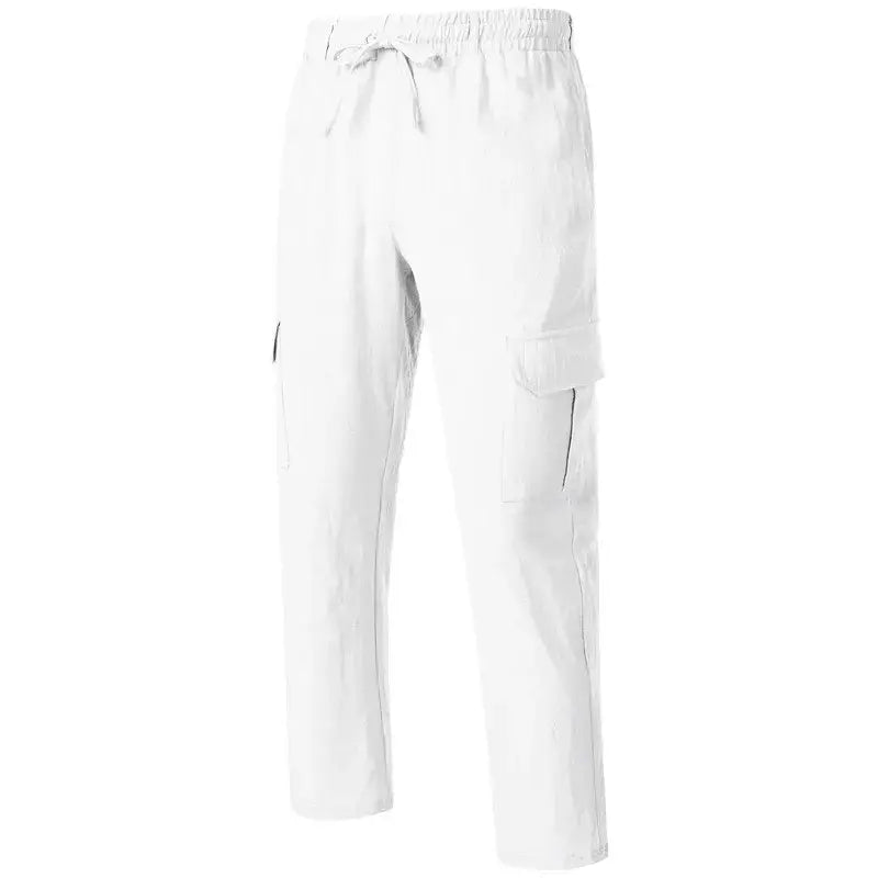 Pantalons cargo en lin pour hommes blancs, avec une ceinture élastique et un cordon de serrage, plusieurs poches et des détails discrets de fermeture éclair noire, pour des pantalons décontractés et amples.