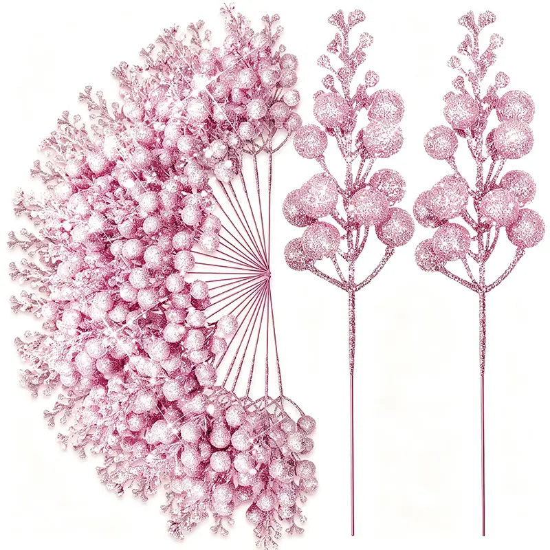 pink glittery artificial berry branches with a sparkly textured finish as part of a 20pcs christmas decoration flower bouquet with christmas decoration glitter accents