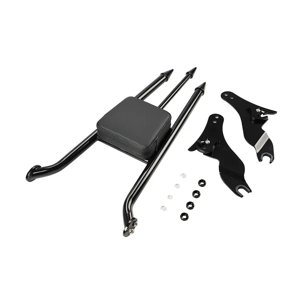 black padded detachable passenger backrest rear seat with sleek metal frame and mounting brackets for harley touring 2009-2025 shown from the back side