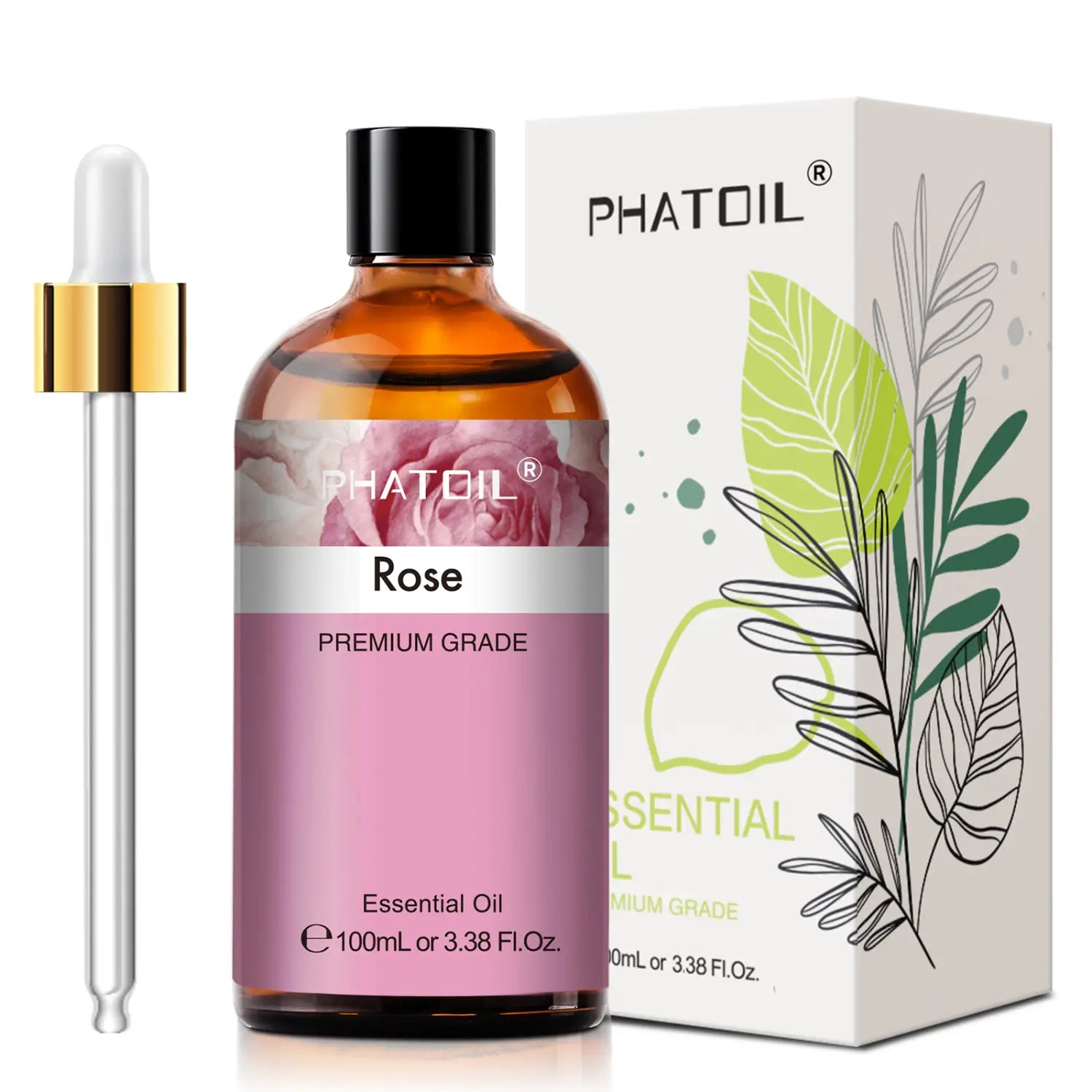 eine Flasche von Phatoil Rosen reines ätherisches Öl in Bernstein-Glas mit schwarzem Deckel und Etikett in Premium-Qualität in Rosa, begleitet von einer passenden Pipette zur Aromatherapie-Duftanwendung.