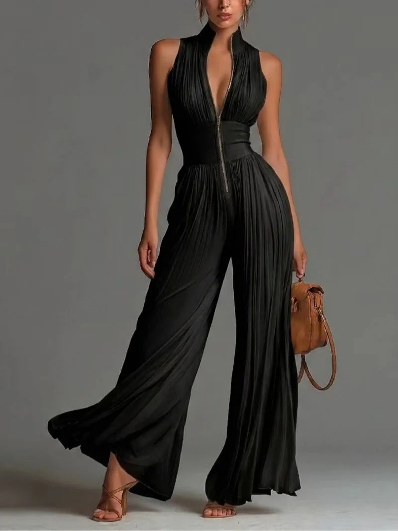 Women Elegant Pleated Chiffon Jumpsuits Sexy Zip-up Stand Collar Sleeveless Corset Slim Wide Leg Pants Casual Overalls Rompers