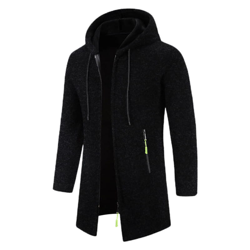 Sudadera con cremallera extragrande para hombre en tejido negro con textura, con tiradores de cremallera verde neón, diseñada para el clima frío.