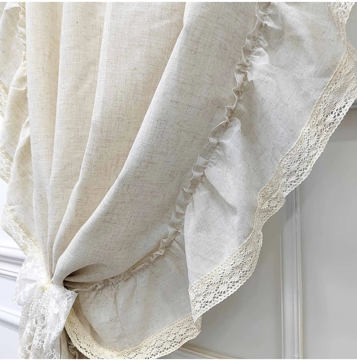 Cream-colored linen curtains with delicate lace trim and ruffled edges ideal for living room use and accept customization with tracking number available.