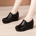 Women's Wedge Heel Leather Shoes Autumn Simple and Casual Work Shoes Black Round Toe Mid Heel Non-slip Sole Platform Mom Shoes