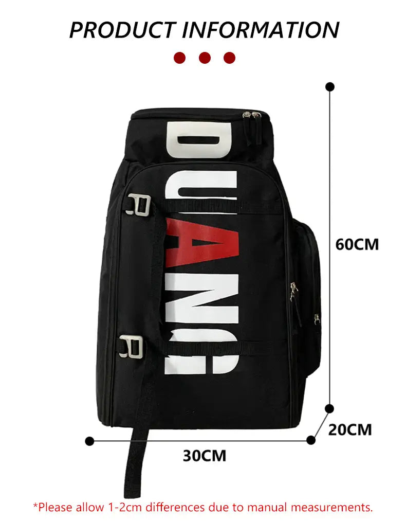 Black dunai waterproof gym backpack and travel duffel bag with bold white and red lettering on the front and durable fabric design.