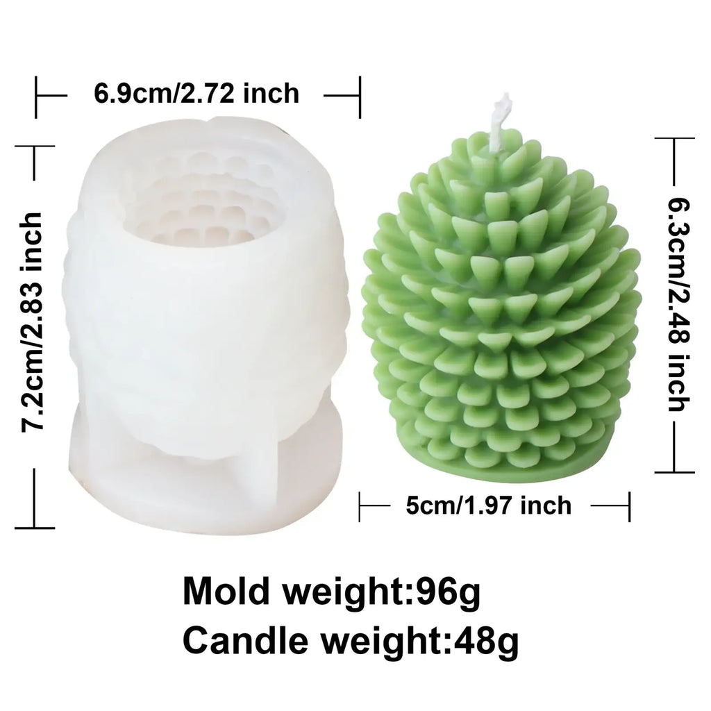 A white silicone skull-shaped candle mold next to a green textured pinecone candle made with pinecone candle silicone