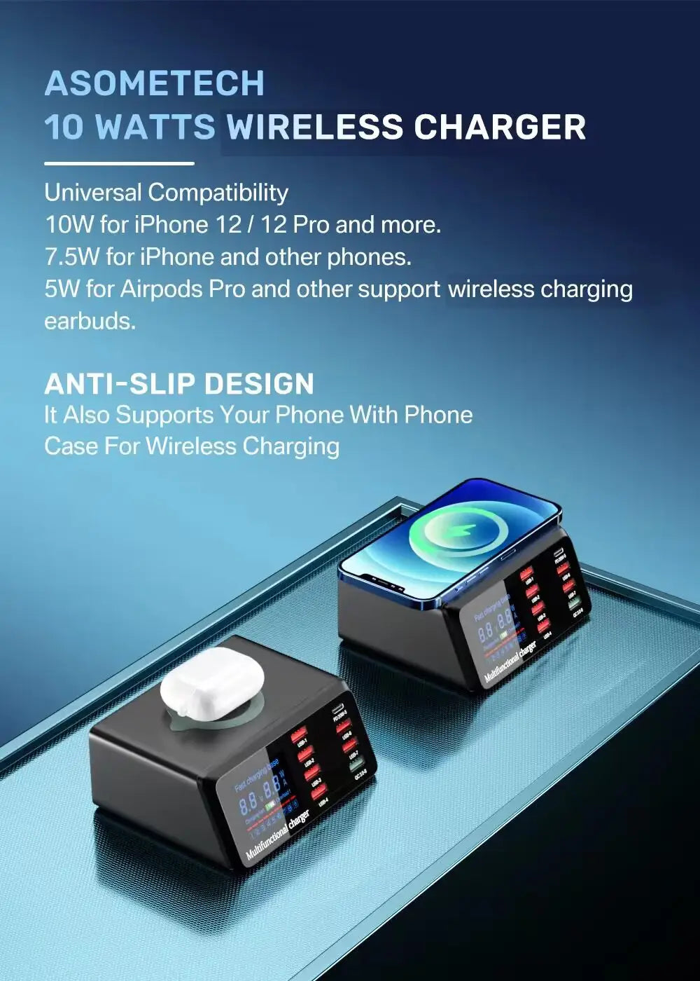 Chargeur sans fil rectangulaire asometech noir de 10 watts avec écran d’affichage numérique à charge rapide, et plusieurs ports pour la station de charge USB asometech 100 W avec écran d’affichage numérique.
