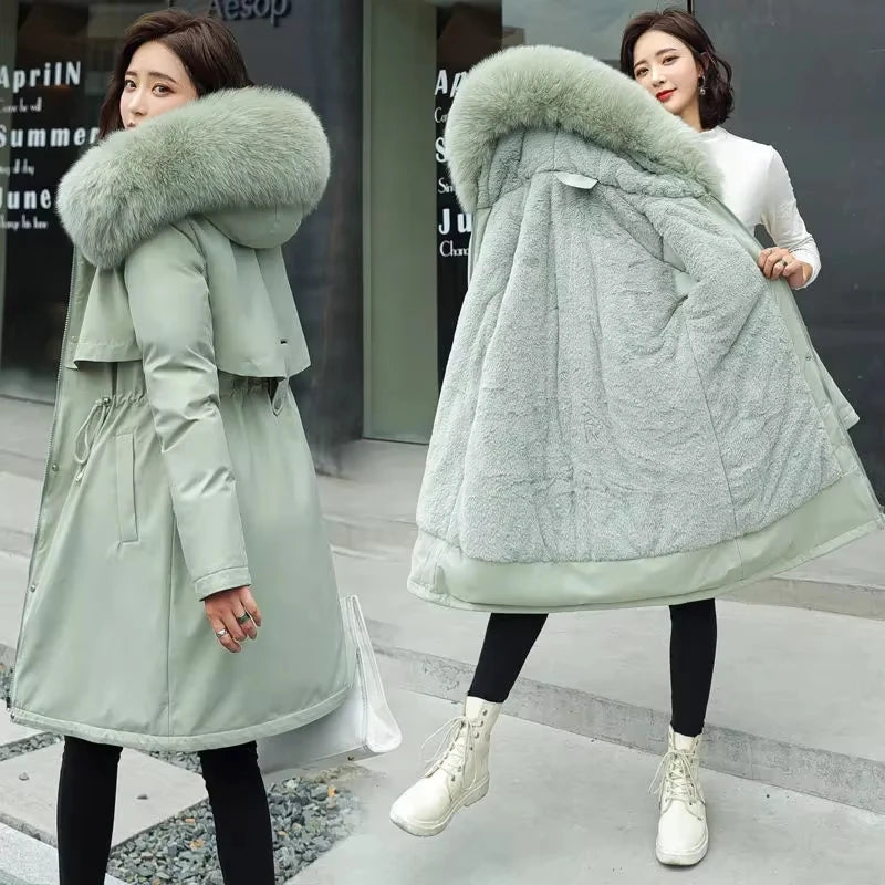 Winter Jacket 2025 New Women Parka Clothes Long Coat Wool Liner Hooded Jacket Fur Collar Thick Warm Snow Wear Padded Parka