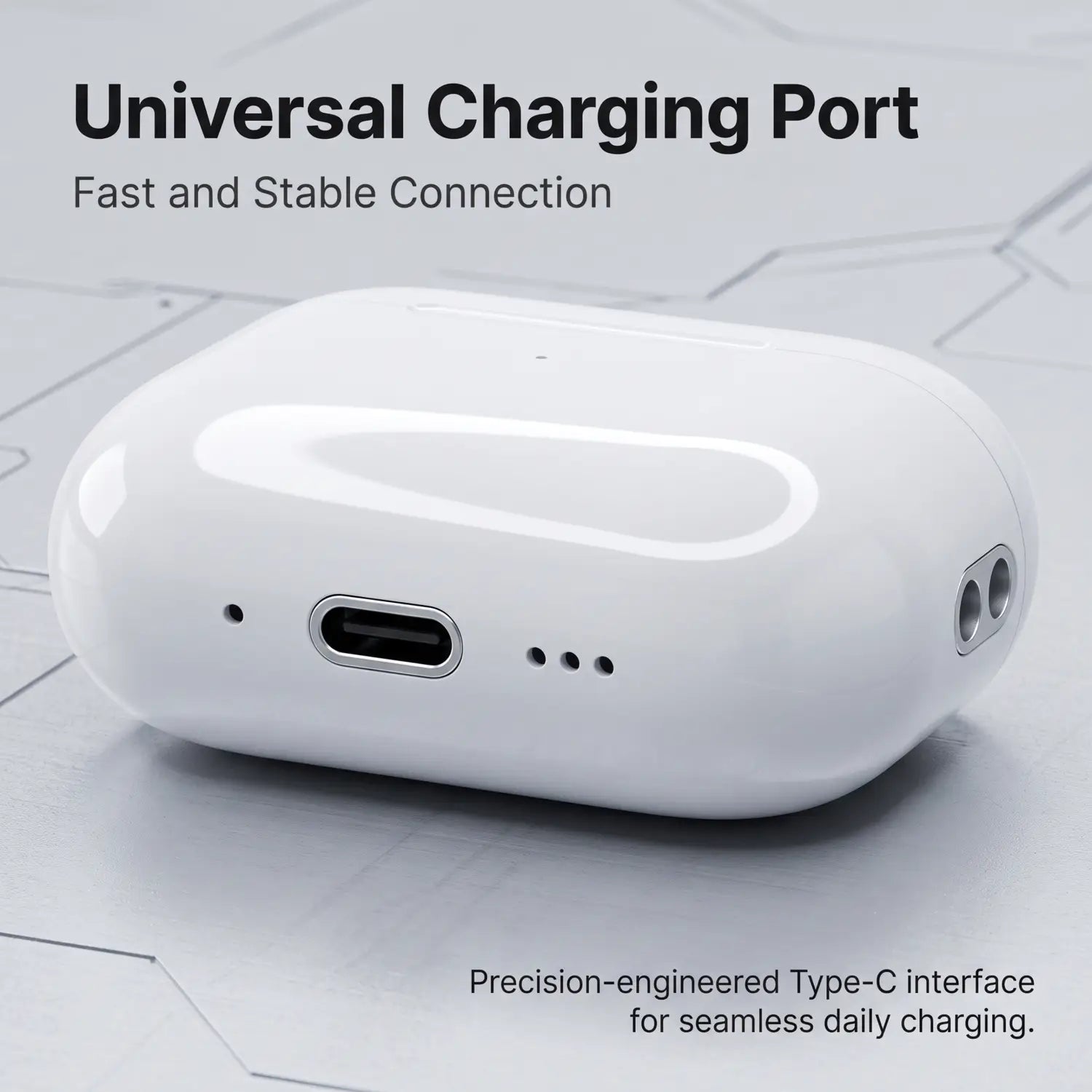 Estuche de carga de auriculares inalámbricos Bluetooth TWS intraauriculares de plástico blanco y acabado brillante, con diseño ovalado elegante y puerto central USB-C, que incorpora control de volumen y tecnología basada en el principio de vocalismo