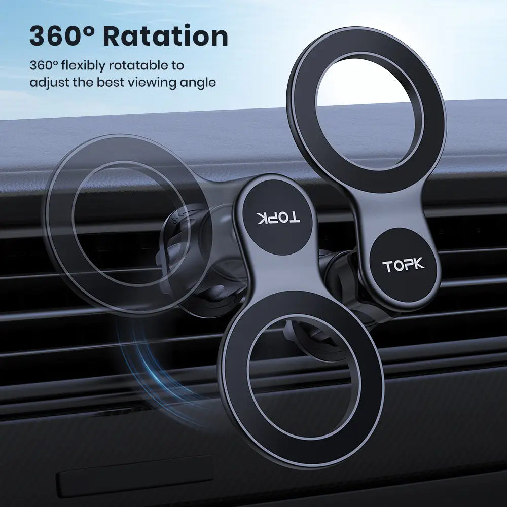 Black magnetic magsafe car phone holder with three rotating rings and topk branding shown from the front as an air vent mount.
