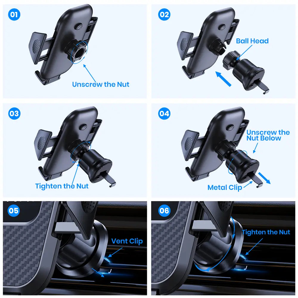 Black plastic car phone holder vent mount with ball head and auto locking clip shown from the back side.