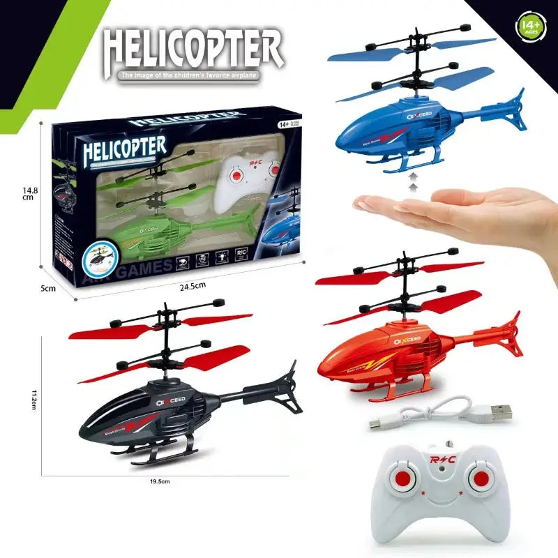 Blue and red remote control induction helicopter with black rotor blades and led light featuring a white controller, designed for efficient charging time and extended flight time.