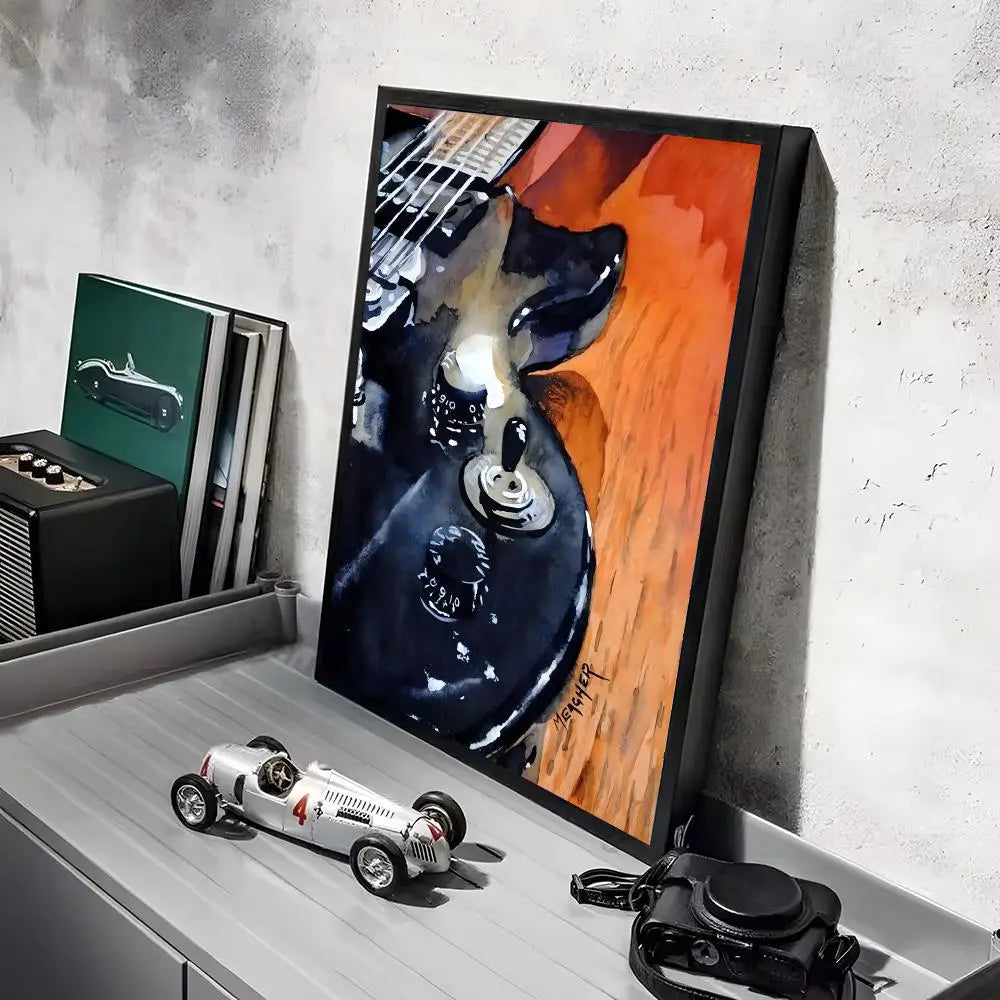 black-framed canvas painting featuring a glossy black electric guitar on an orange wood grain background showcasing minimalist aesthetics and modern graphic design for living room decor.