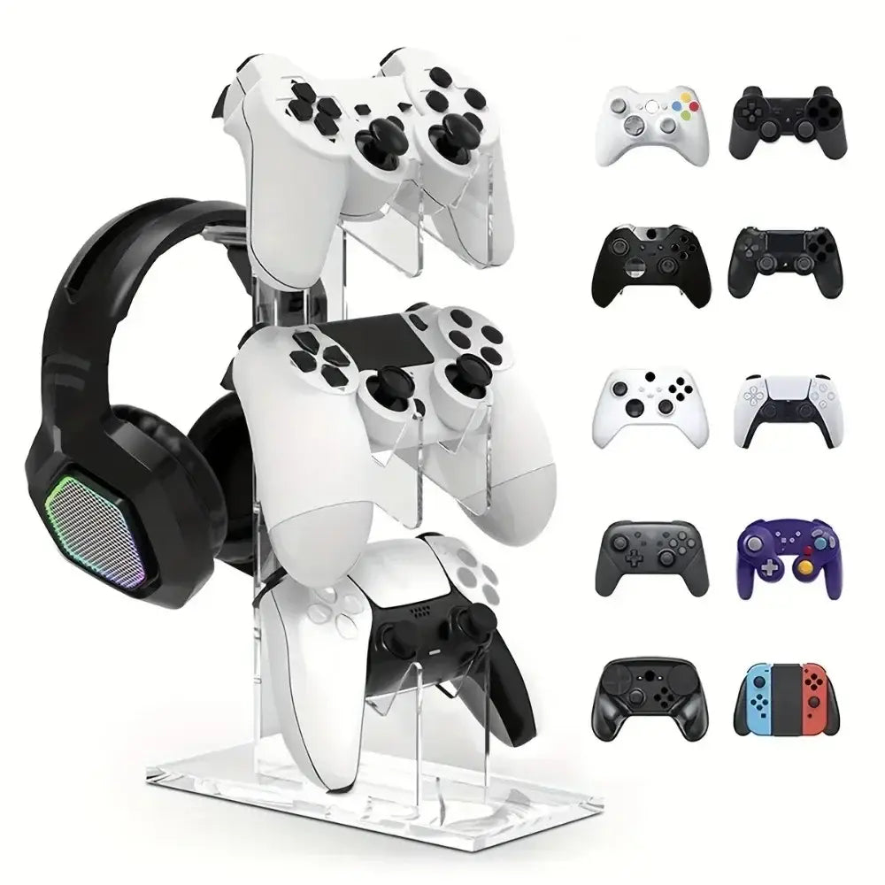 複数の白いプレイステーションコントローラーと黒色のイルミネーション付きヘッドセットを展示する、クリアアクリル製ゲーミングコントローラースタンドおよびヘッドセットホルダー。