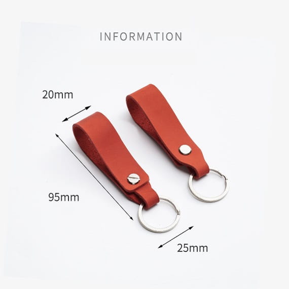 Orange leather car keychain set with silver metal ring and button fastening for genuine lanyard key holder.