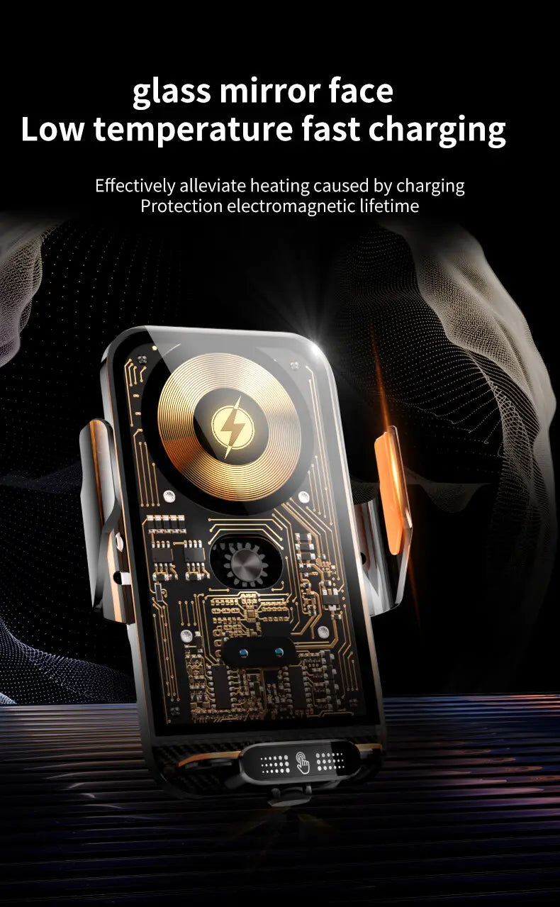 A sleek black and gold wireless charger phone holder with a glass mirror face and circuit board design elements featuring infrared auto clamping for wireless charging.