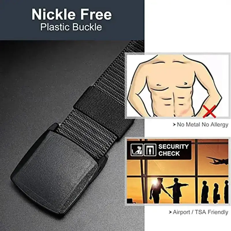 tactical nylon belt with a black plastic buckle and a textured woven strap for secure fastening designed for men outdoor use.